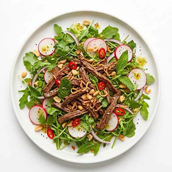 Vietnamese shaking beef salad with arugula and red radish